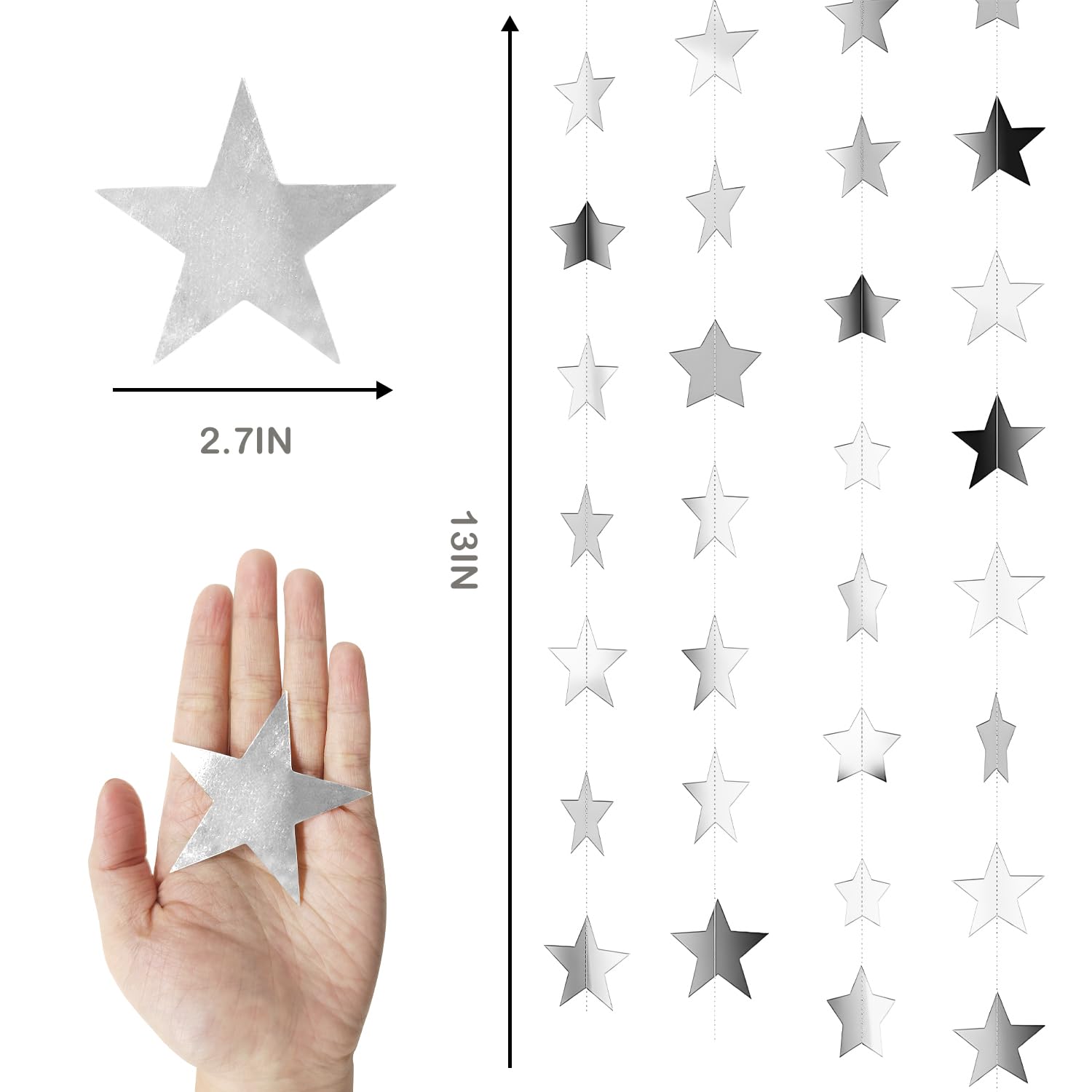 Yuqilin 158 Feet 12 Pcs Glitter Silver Star Garland Banner Decoration Reflective Sparkle Little Star Paper Hanging Decor Double