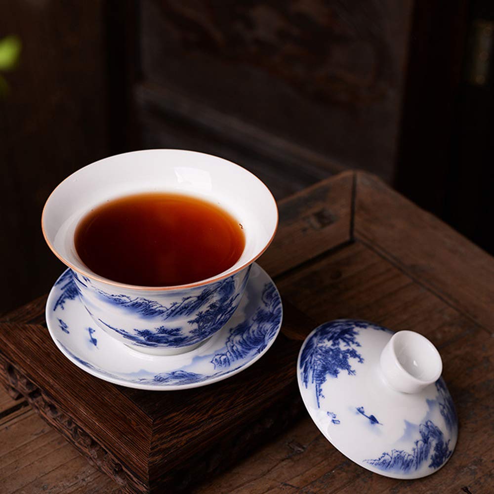 Jingdezhen Chinese Gaiwan Handmade 6.3Oz/180Ml Mountain Style China Blue And White Porcelain Gaiwan Kungfu Teacup Traditional Ch