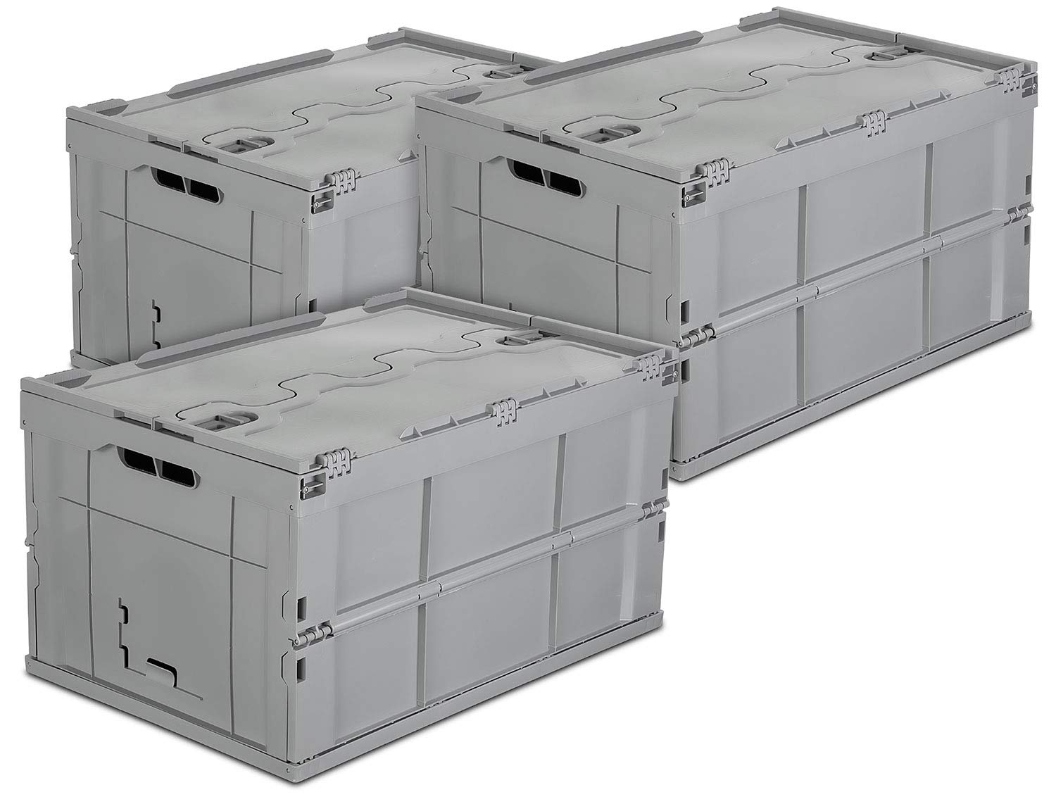Mount-It! Folding Plastic Storage Crate, Pack Of 3, Collapsible Utility Distribution Container With Attached Lid, 65L Liter Capa