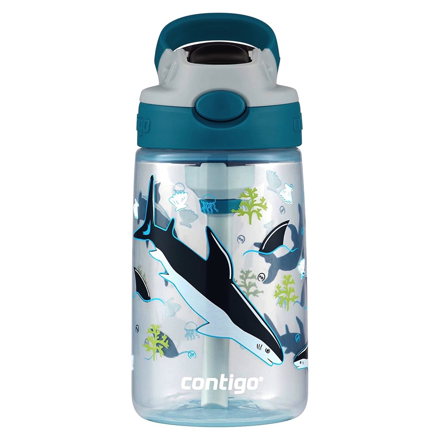 Contigo Kids Straw Water Bottle With Autospout Lid, 14Oz., White Sharks