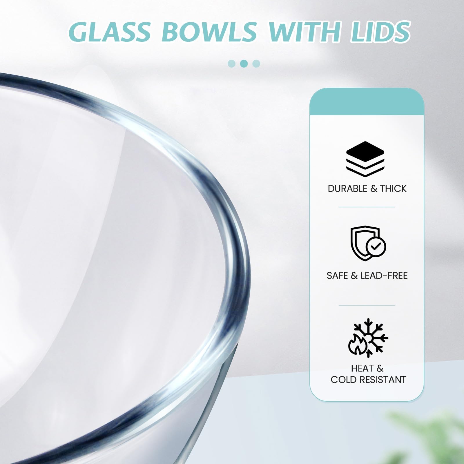 Luvan Glass Mixing Bowl With Lids Set(4.5Qt,2.7Qt,1.1Qt), 3Pc Large Glass Mixing Bowls Set, Glass Nesting Bowls, Clear Salad Mix
