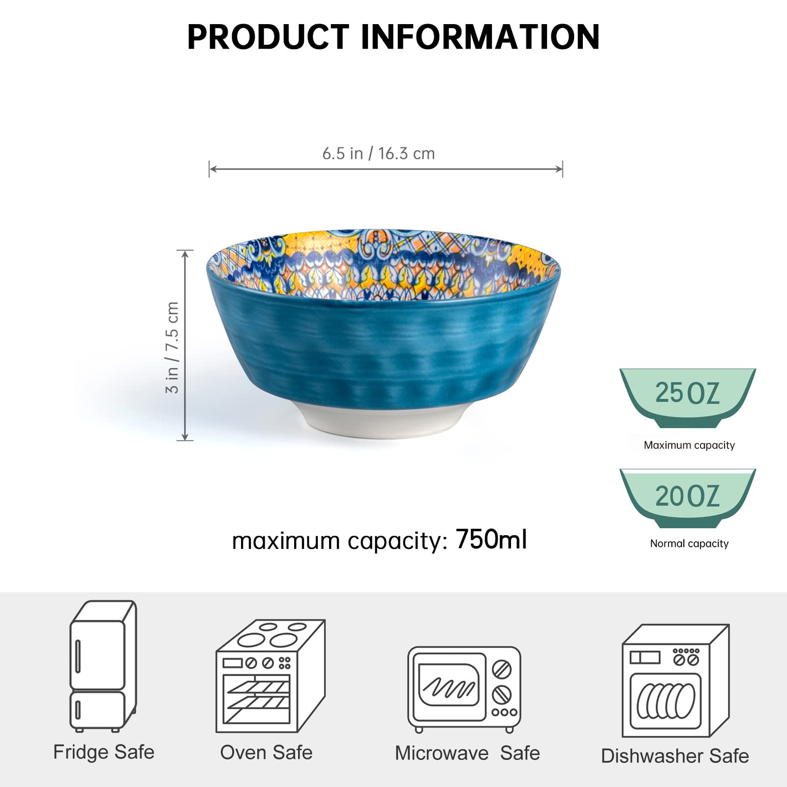 Henxfen Lead Ceramic Cereal, Soup Bowls Set Of 6-25 Oz Porcelain Serving Bowls For Dinner, Pasta, Salad, Oatmeal, Microwave & Di