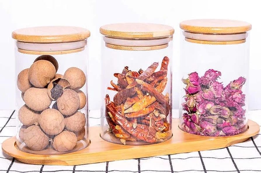 Mirim Boroslicate Airtight Jar With Bamboo Tray For Kitchen Food Storage, Nuts, Cereal, Candy, Cookie, Flour, Pasta, Spices, (Se