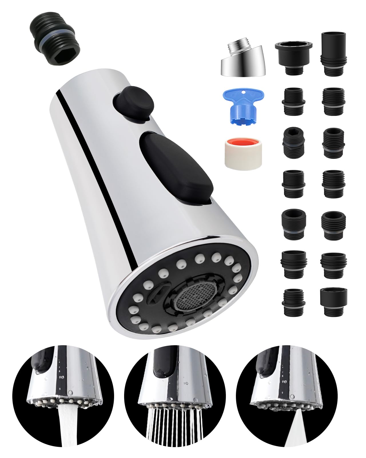 Hygie Rinse Universal Kitchen Faucet Head Replacement With 15 Adapter Kit Compatible With Kohler/Moen/Delta Faucet, 3 Function P