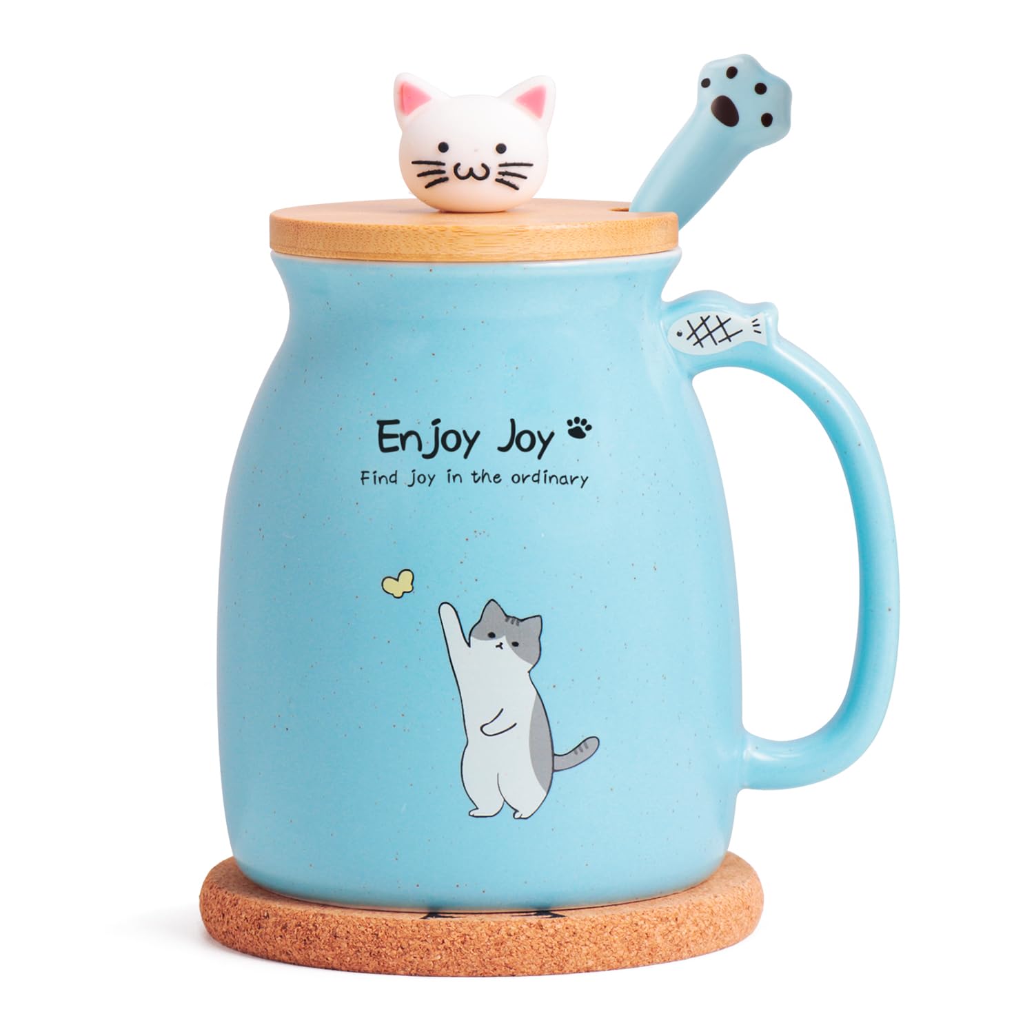Feify Cute Cat Cup Ceramic Coffee Mug with Kawaii Cat Wooden Lid, Lovely Stainless Steel Spoon, Anime Kitty Thicken Wooden Coast