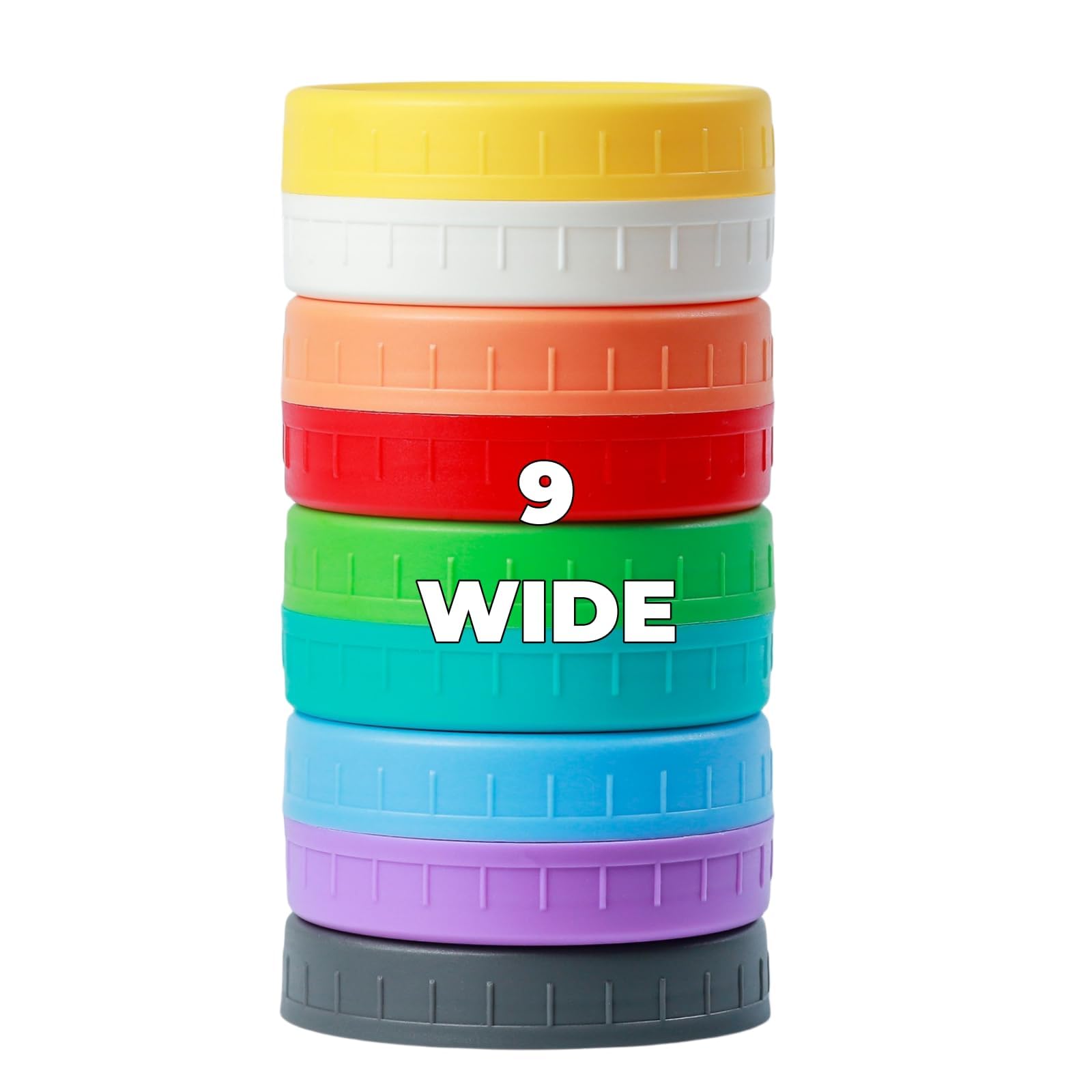 Bedgeta 9 Wide Mouth Mason Jar Lids with Silicone Ring,Thickened Leak-proof Lids Fit Ball,Kerr and More, 9 Color Plastic Lids, 8