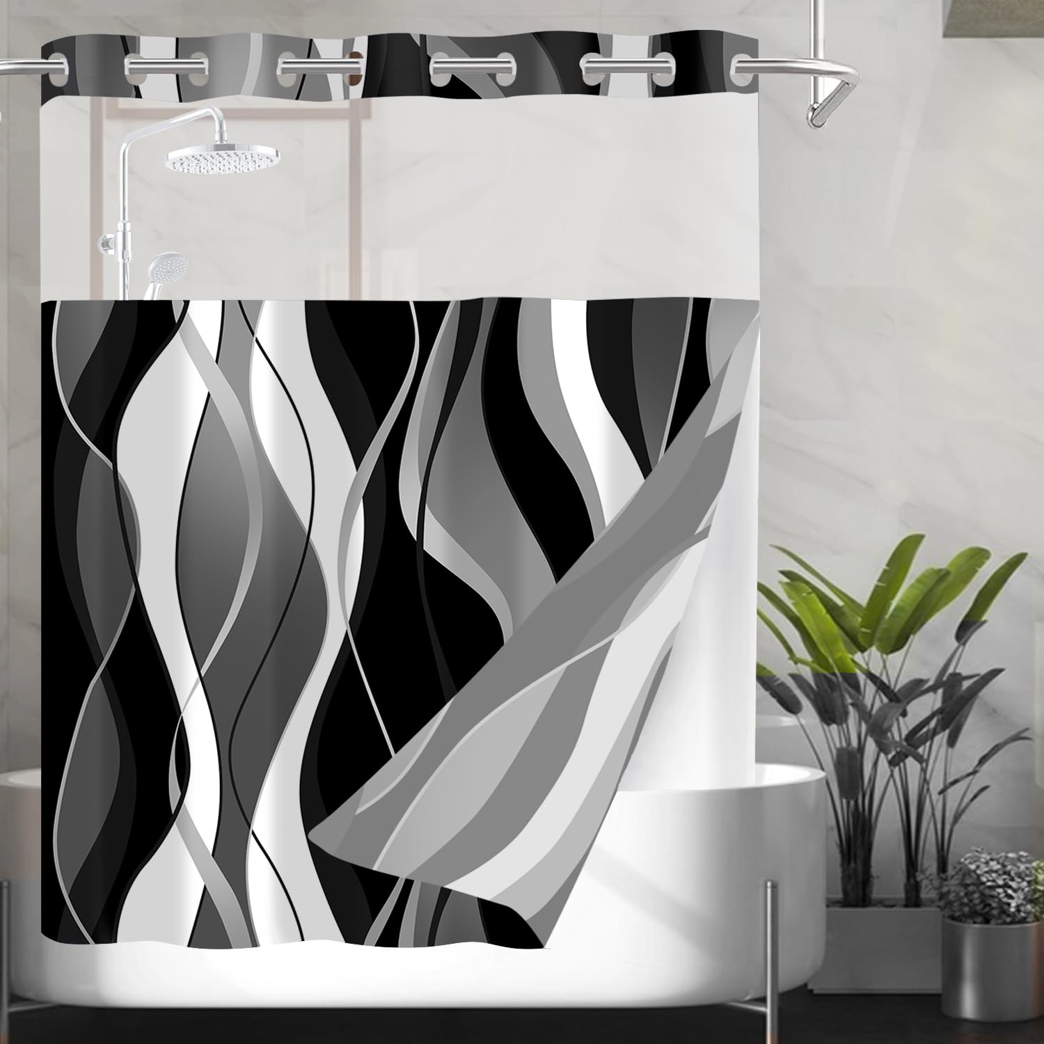 Nkzply No Hook Shower Curtain With Snap In Liner Black Striped Shower Curtain And Liner Set White Shower Curtain Liner Modern Fa