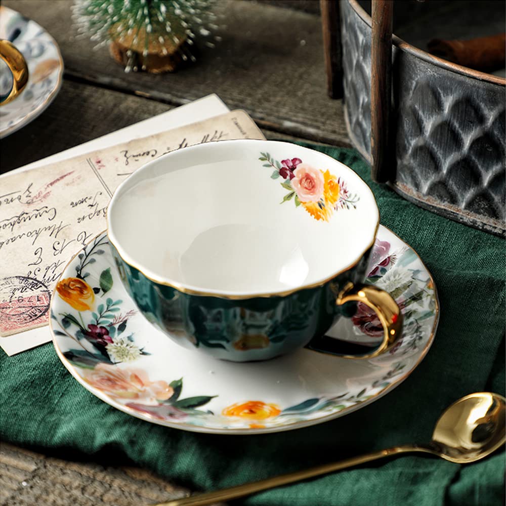 JOYOFUN Green Tea Cup and Saucer,Porcelain Coffee Cup Royal Ceramic Floral Lined Design Teacup with Gold Trim and Spoon,8 oz Vin