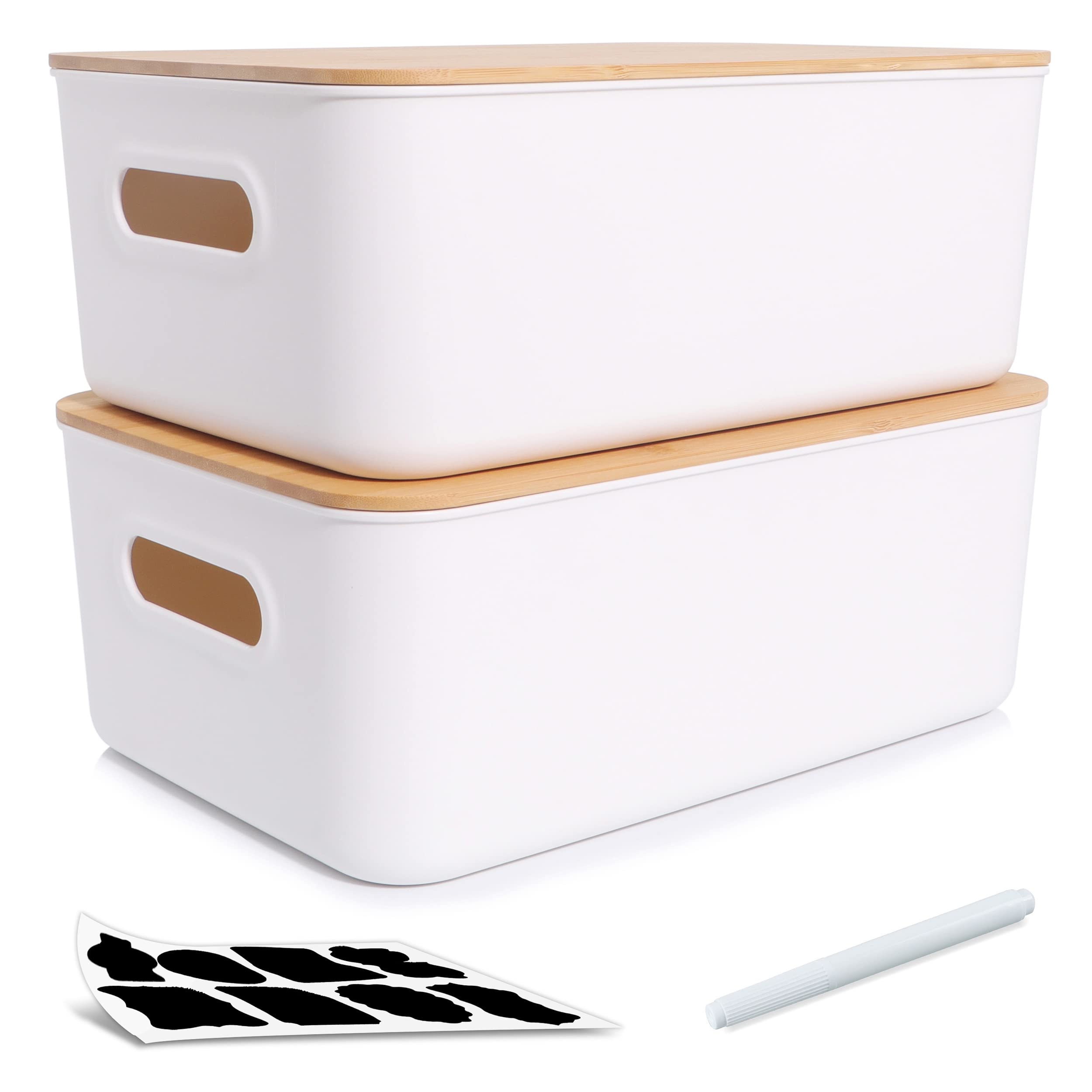 Citylife 2 Pcs Storage Bins With Bamboo Lids Plastic Storage Containers For Organizing Stackable Storage Box With Handle, 15.16