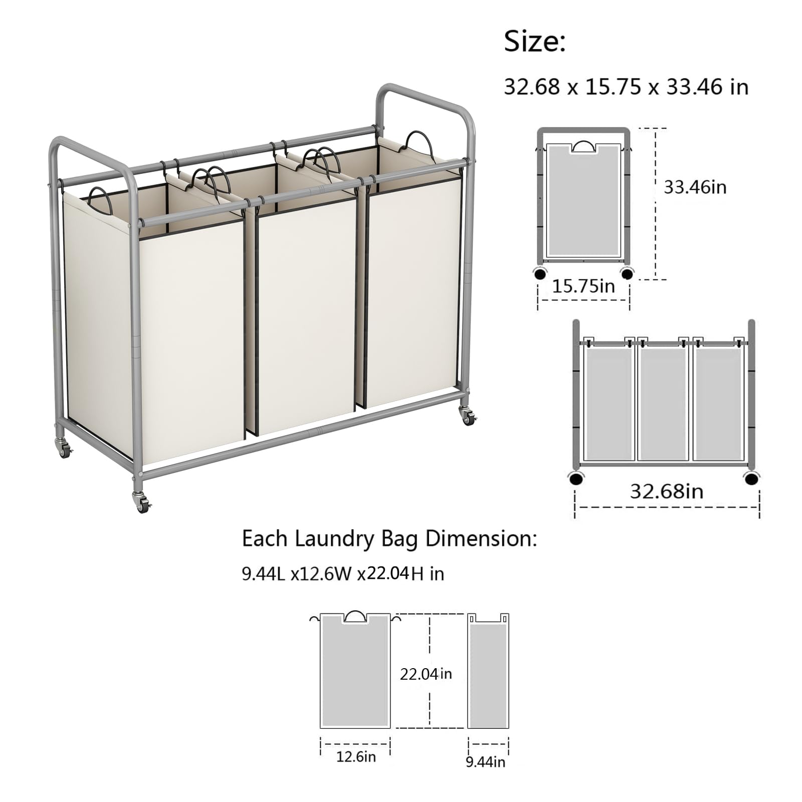 Linzinar 3-Bag Laundry Sorter,Laundry Hamper Cart With Heavy Duty Rolling Lockable Wheels And Removable Bags (Beige)
