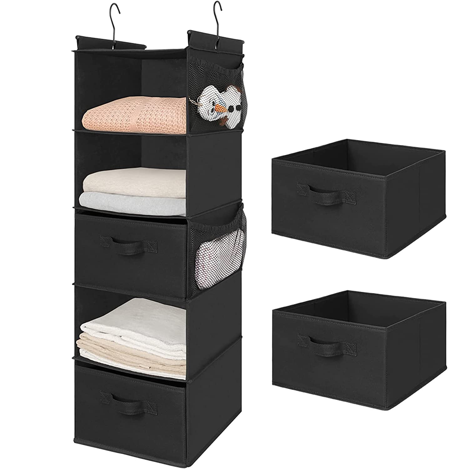 Max Houser 5 Tier Shelf Hanging Closet Organizer, Cloth Hanging Shelf With 2 Sturdy Hooks For Storage, Foldable (Black-D2)