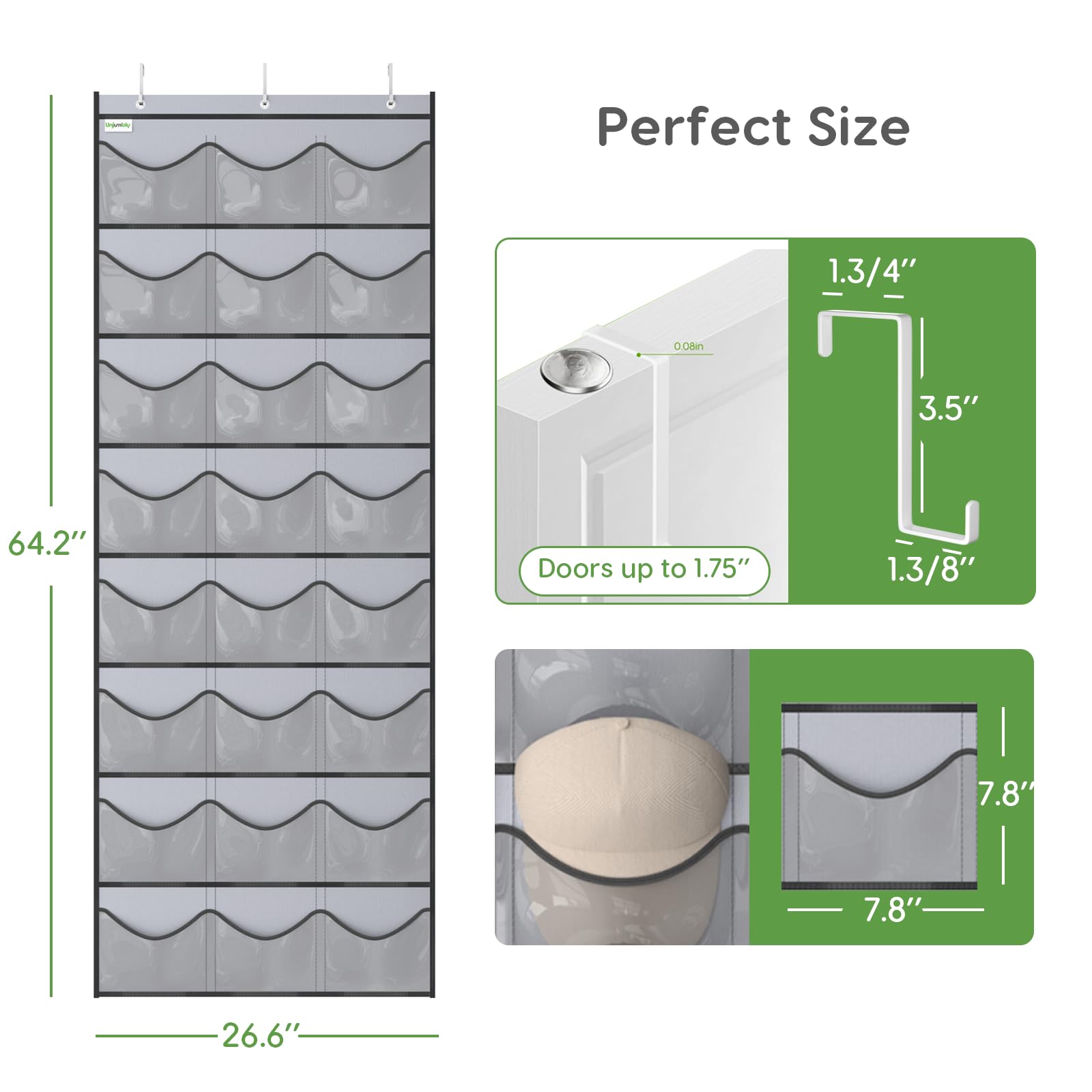 Unjumbly Over-The-Door Baseball Hat Rack, 24 Pocket Organizer, Grey Oxford 600D Fabric, Fits 1 3/8" & 1 3/4" Doors