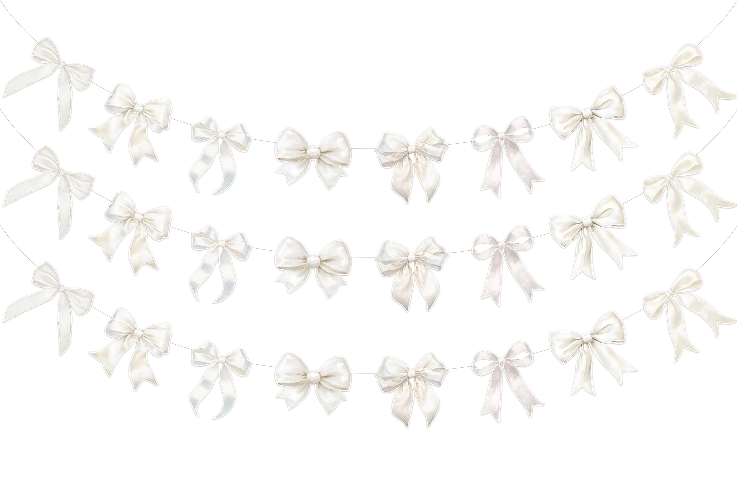 Fangleland 3Pcs White Bow Knot Banner Garland Decoration, Bow Themed Birthday Baby Bridal Shower Bachelorette Wedding Party Deco