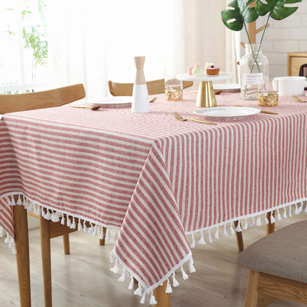 AMZALI Stripe Tassel Tablecloth Cotton Linen Stain Resistant/Dust-Proof Waterproof Table Cover for Kitchen Dinning Tabletop Decoration (Rectangle/Oblong 35 x 55 Inch  Red)