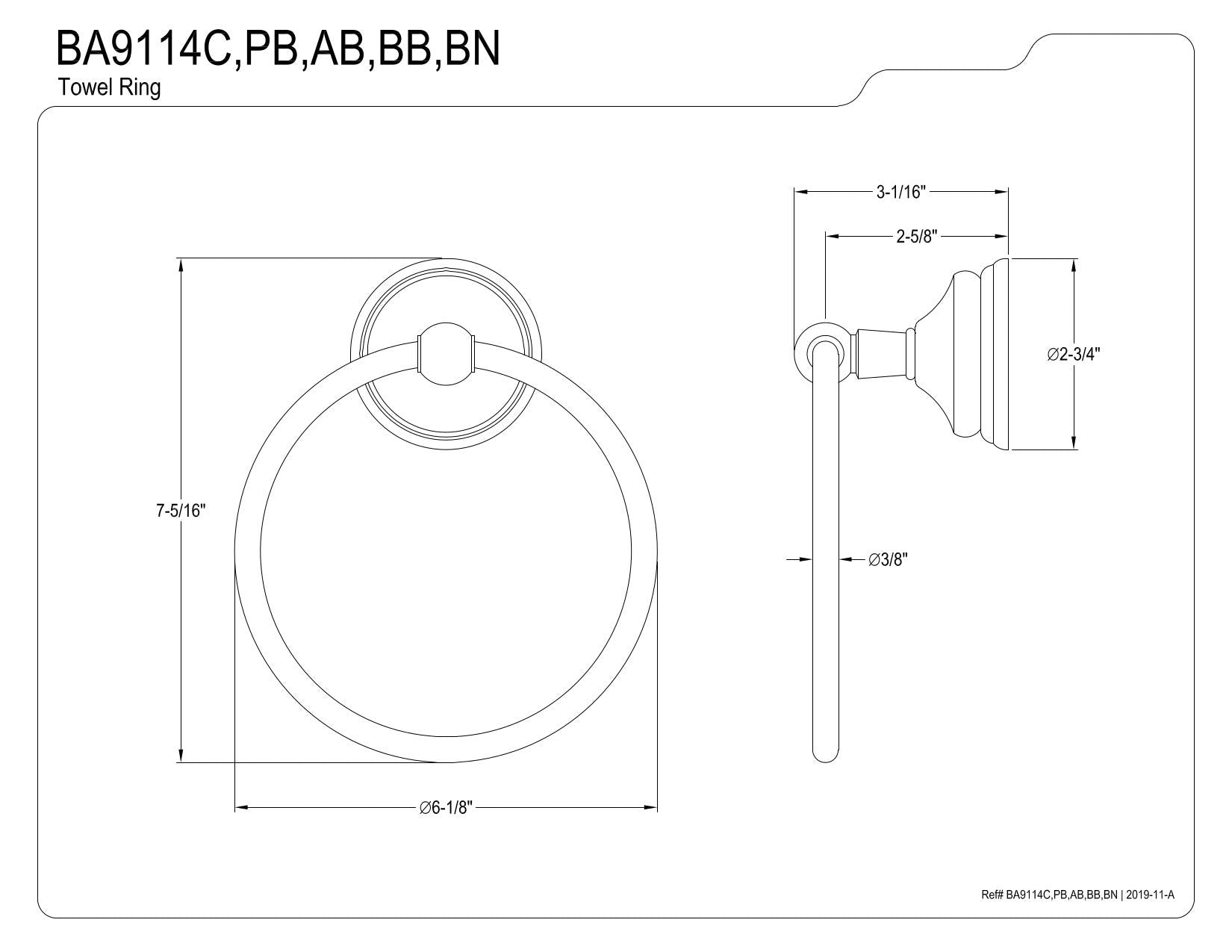 Kingston Brass BA9114BN Water Onyx 6 in. Towel Ring  Brushed Nickel
