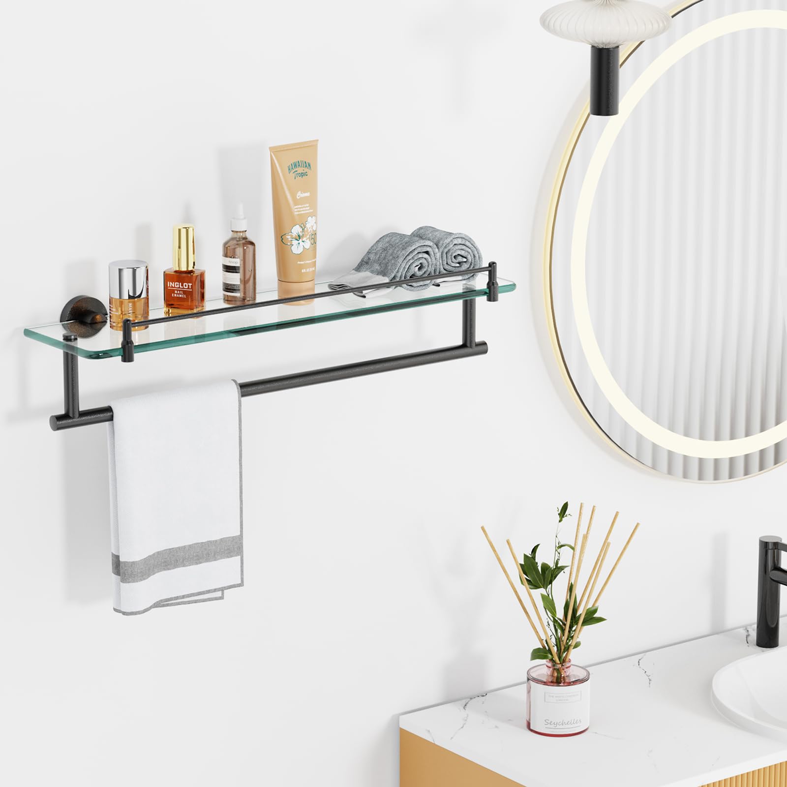 Kocok Bathroom Glass Shelf With Towel Bar,20-Inch Black Floating Glass Bathroom Shelves With Towel Rack Stainless Steel Tempered
