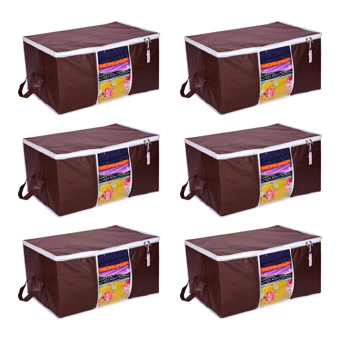 Prettykrafts Set Of 6 Non Woven Underbed Storage Bag With Handles, Clear Window & Zipper Lock | Quilt, Comforter & Blanket Cover