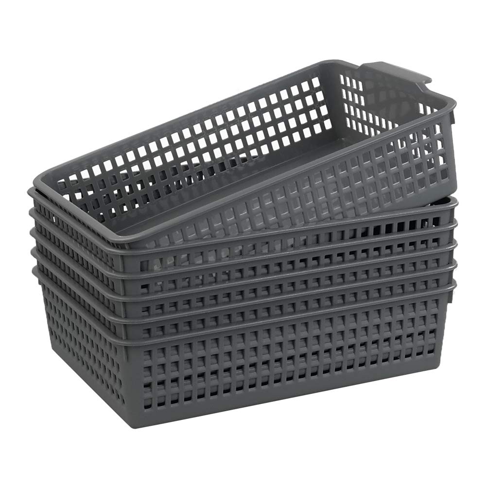 Gloreen 6 Pack Shallow Plastic Storage Basket, A4 Paper Basket Tray, Grey