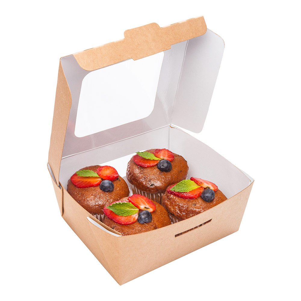 Restaurantware Cafe Vision 28 Ounce Food Boxes 200 Greaseproof Baked Goods Gift Boxes - Built-In Clamshell Lid 2 Windows Kraft P