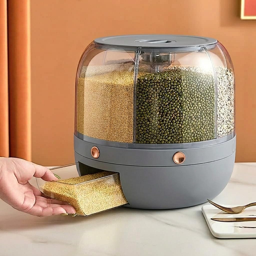 Royser 360 Rotating Rice Storage Container 6 Grid Grain Dispenser With One Button Press | Dry Food Storage Box For Rice Dal Puls