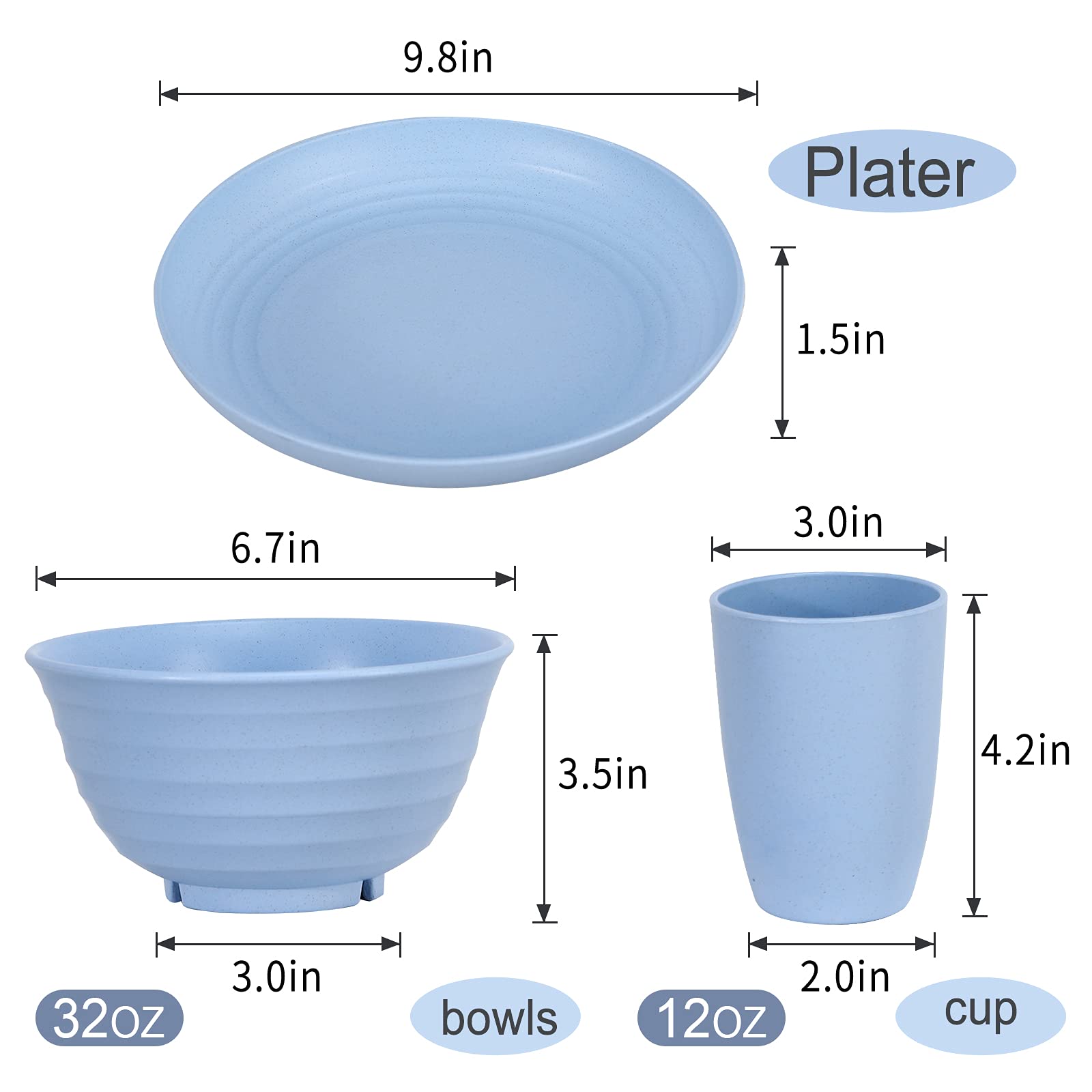 12Pcs Plastic Wheat Straw Dinnerware Sets Service For 4, Cups, Plates And Bowls Sets Microwave Dishwasher Safe Lightweight