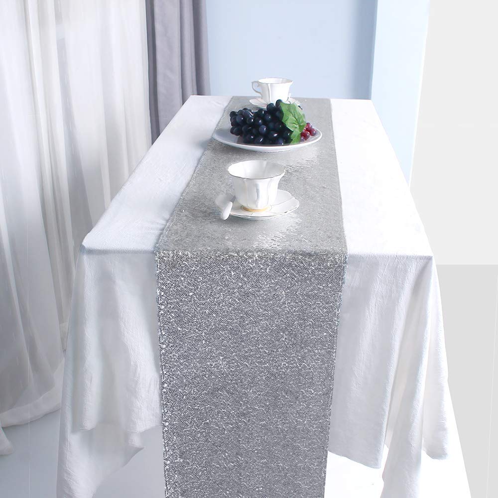 JYFLZQ Silver Table Runner 12x108 Glitter Sparkly Sequin Runners for Wedding Birthday Party Supplies