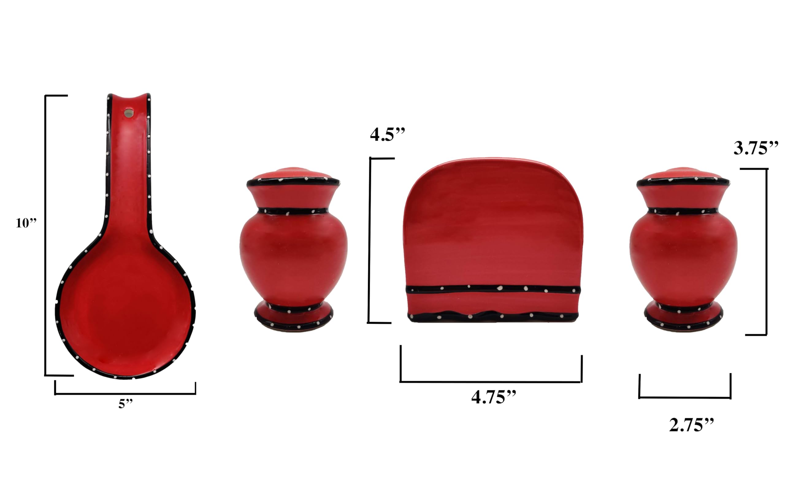 Tuscany Hand Painted Ruffle 4Pc Stove Top Set, Napkin, Salt, Pepper And Spoon Rest, Your Choice Of Color By Ack (Red)