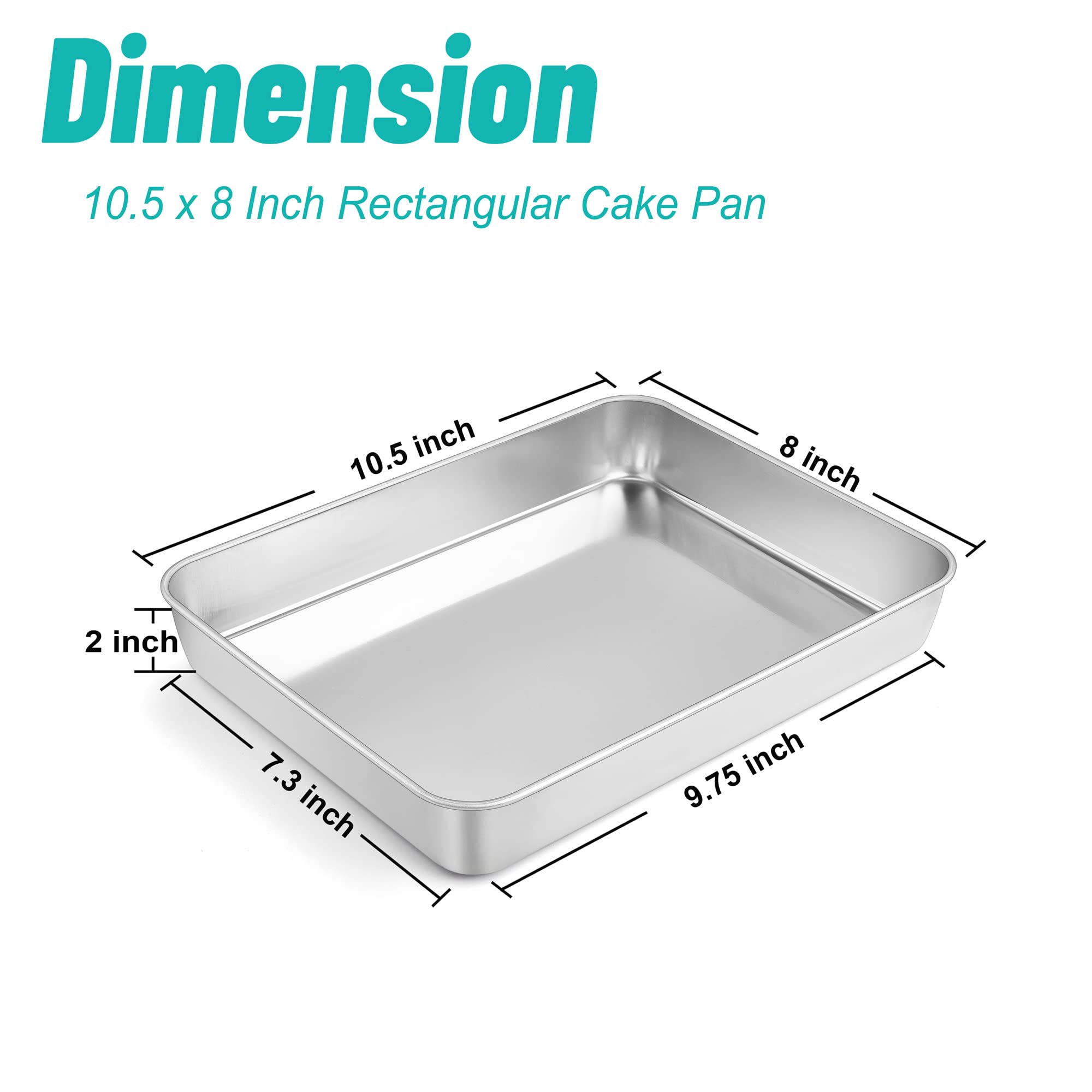 TeamFar Stainless Steel Cake Pan Set - 10.5'' x 8'' x 2'', Non-Toxic, Heavy Duty, Silver, Easy Clean, Dishwasher Safe - 4 PCS