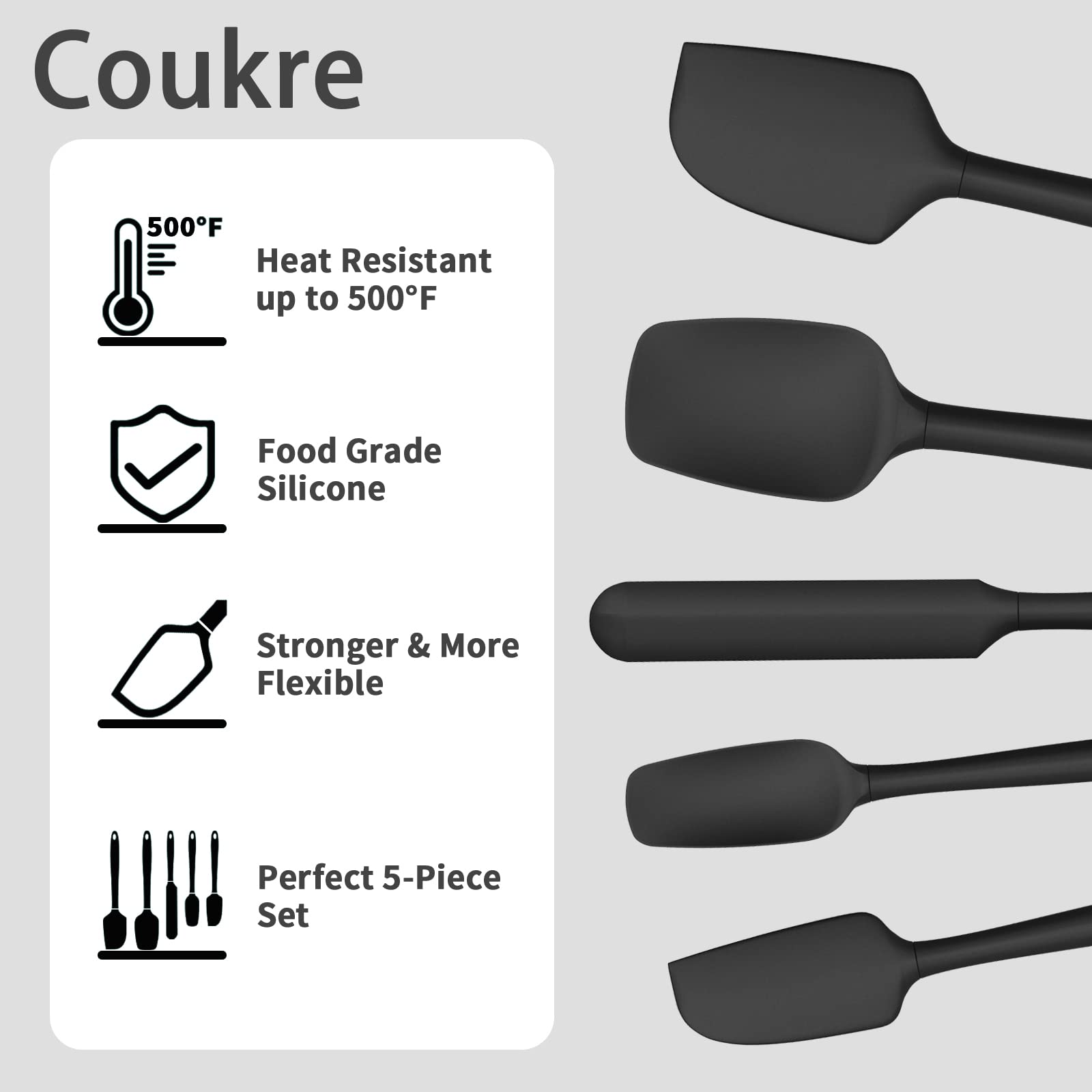 Silicone Spatula Set Of 5,High Temperature Resistant, Food Grade Silicone, Dishwasher Safe, For Baking, Cooking (Pure Black)