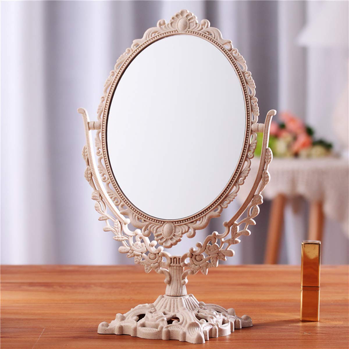 Schonee Retro Double Sided Tabletop Makeup Mirror, Oval Swivel Desktop Stand Mirror, 360 Degree Rotation Vintage Two-Sided Makeu