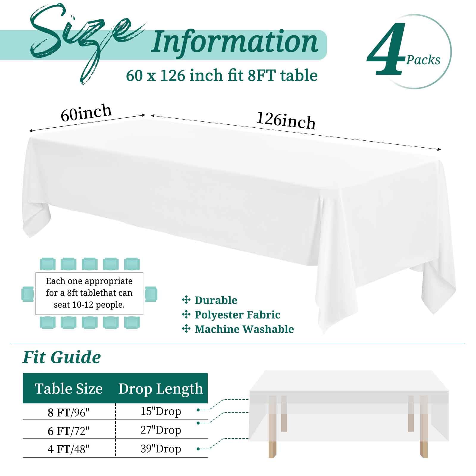 4 Pack White Tablecloth 60 X 126 Inch, Rectangle Tablecloth For 8 Foot Table, Stain And Wrinkle Resistant Washable Polyester Tab