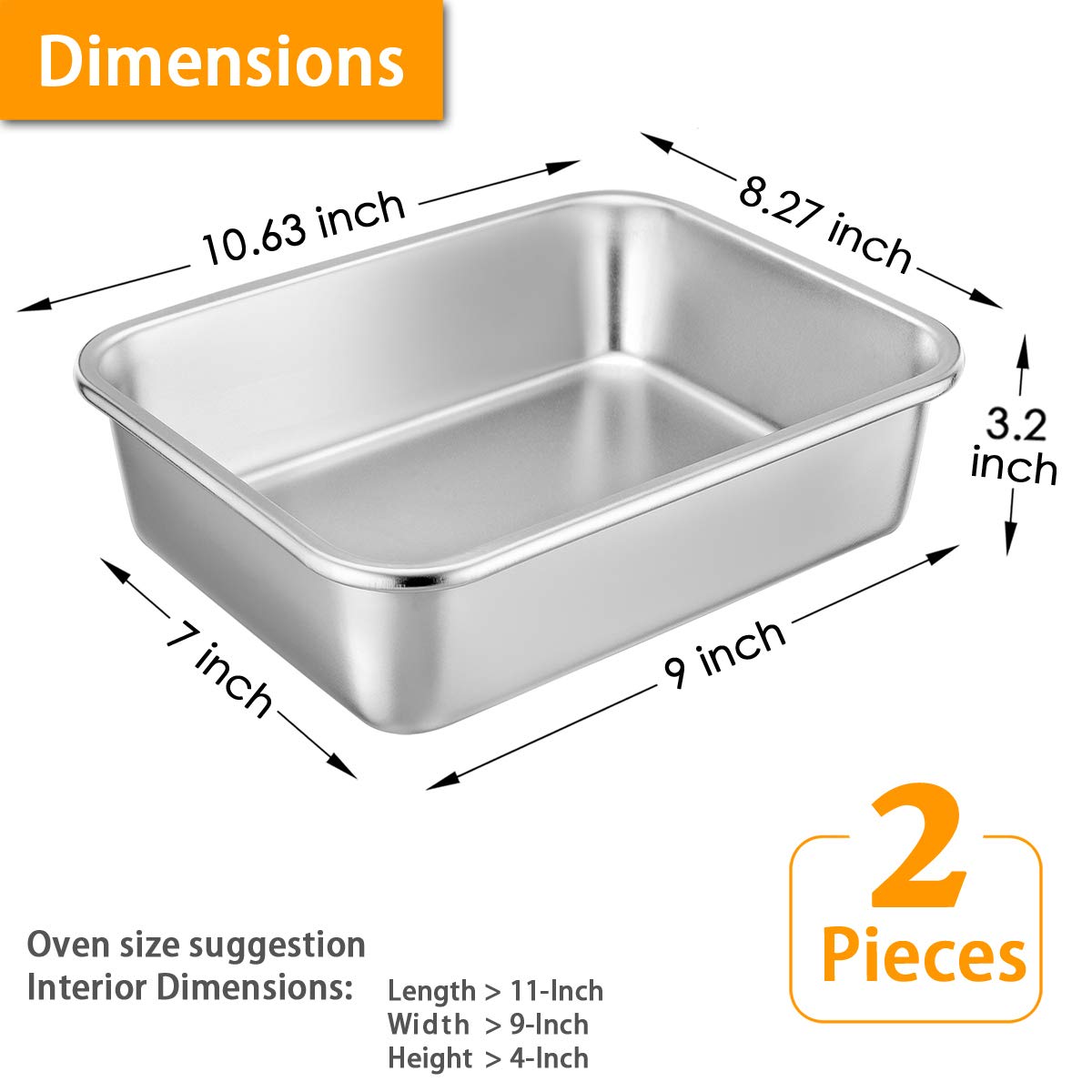 P&P CHEF Stainless Steel Lasagna Pan Set, 10.7" Deep Dish, 2-Pcs, Silver, Non-toxic Bakeware for Roasting & Baking