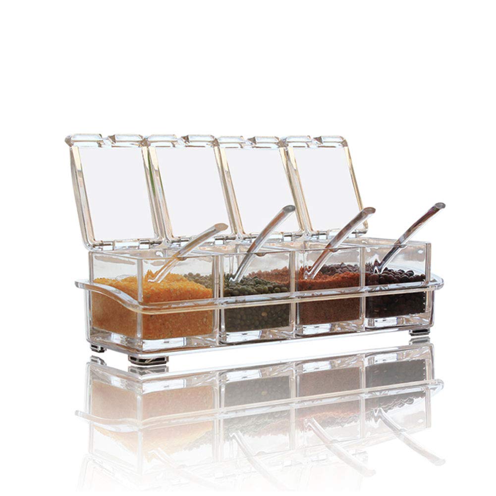Clear Seasoning Box,V-Resourcing 4 Pieces Clear Seasoning Storage Container For Spice Salt Sugar Cruet,Condiment Jars With Spoon