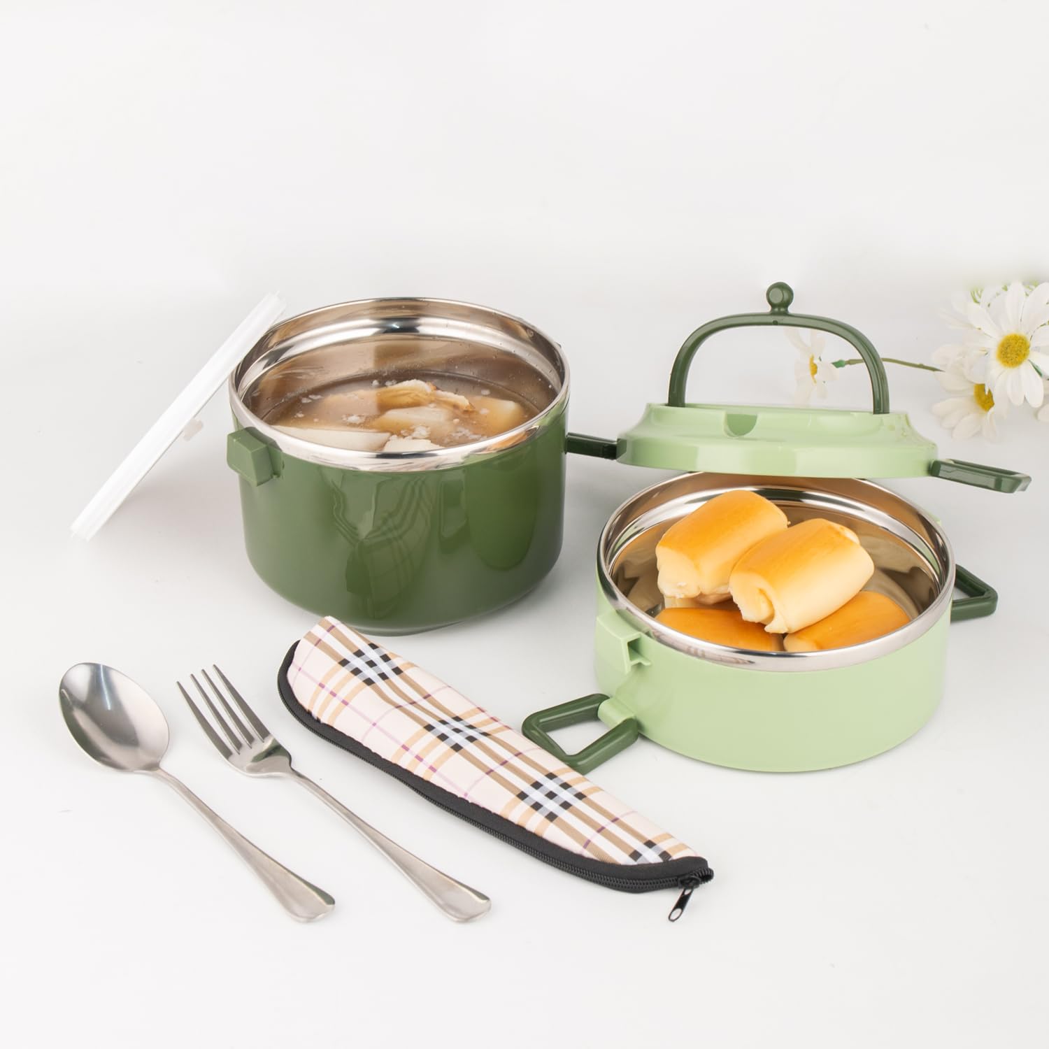 Sanqiahome 2 Tier Stackable Stainless Steel Lunch Box Sealed(Green, 2 Layers)