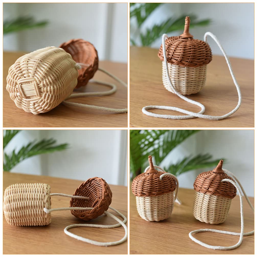 Doitool Hand Woven Rattan Basket Cute Acorn Shaped Basket Shoulder Basket Bag Kids Crossbody Bag Wall Hanging Basket Armhouse De