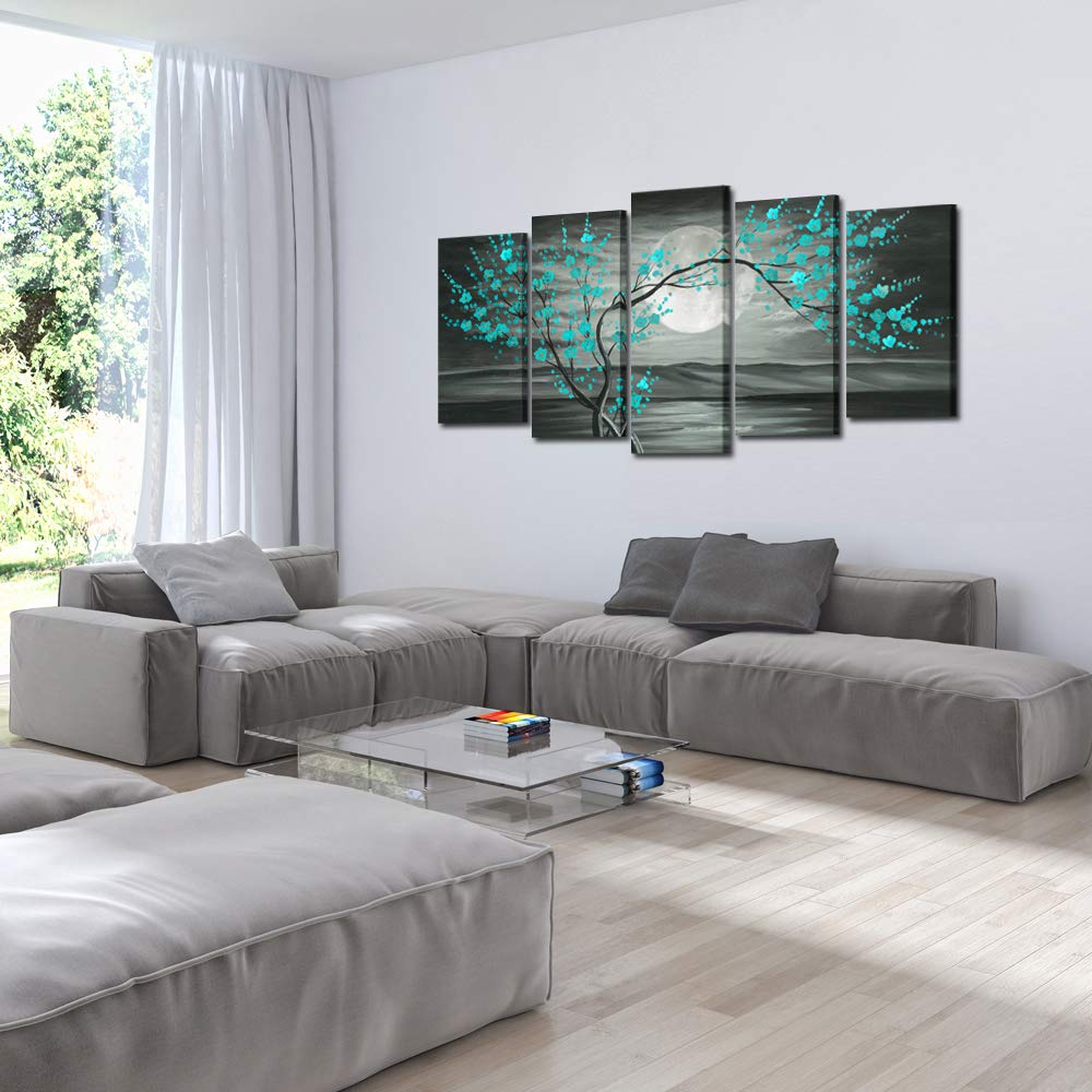 KREATIVE ARTS Large 5pcs Canvas Wall Art Prints Teal Grey Plum Blossom Tree Full Moon Paintings Contemporary Decorative Artwork For Living Room Walls Decor Framed Ready To Hang (Large 60x32inch)