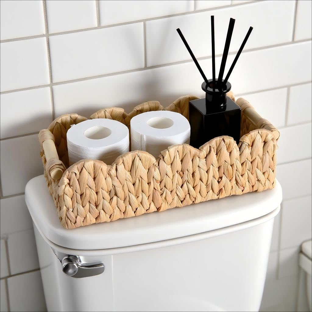 Quincry Scalloped Edge Organizer Basket for Toilet Tank Top with Wooden Handle, Wicker Storage Over Above Behind Toilet, Hand Wo