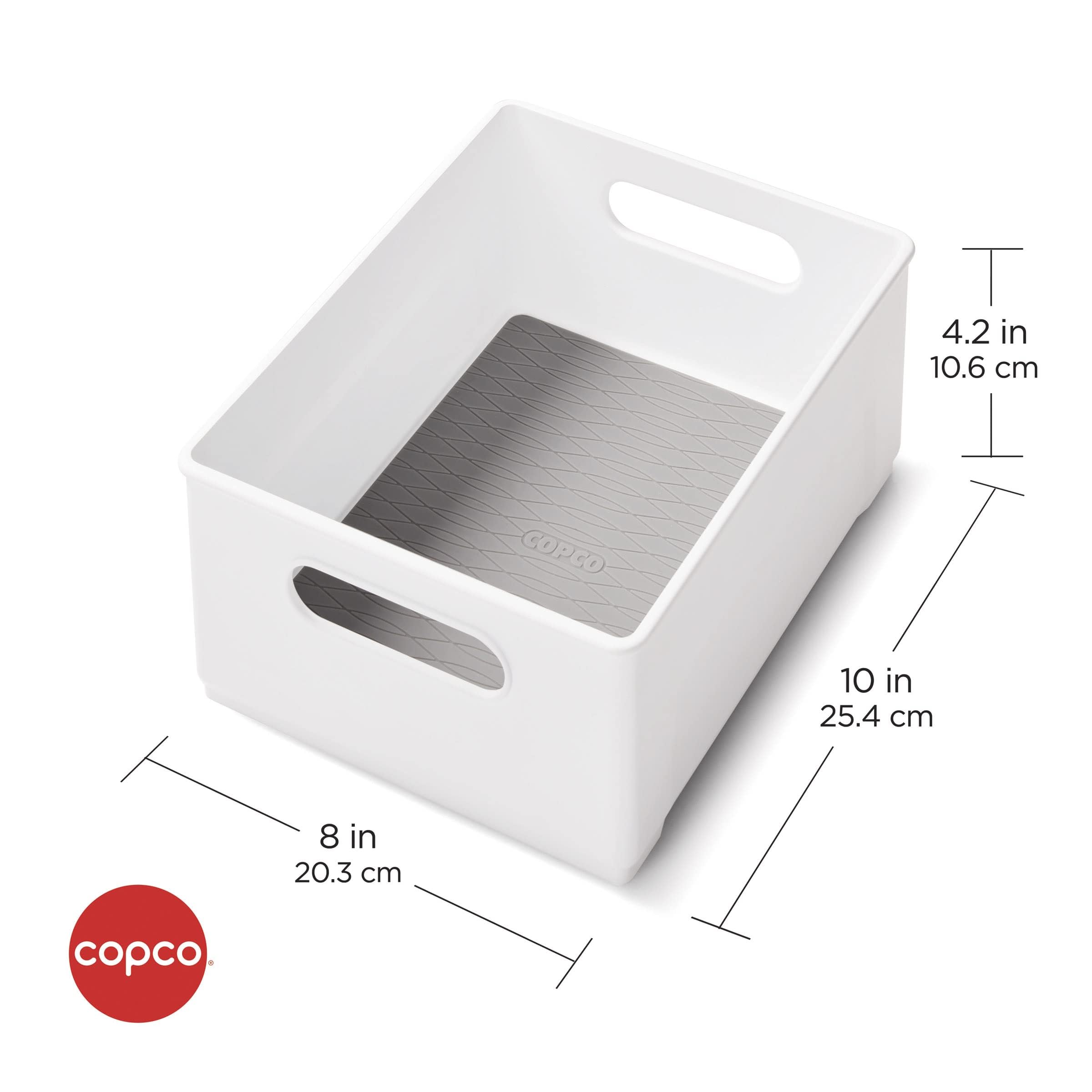Copco 10-Inch White Cabinet Storage Bin with Handles - Nonskid Liner for Kitchen, Pantry, Closet Organization - Model 5254051
