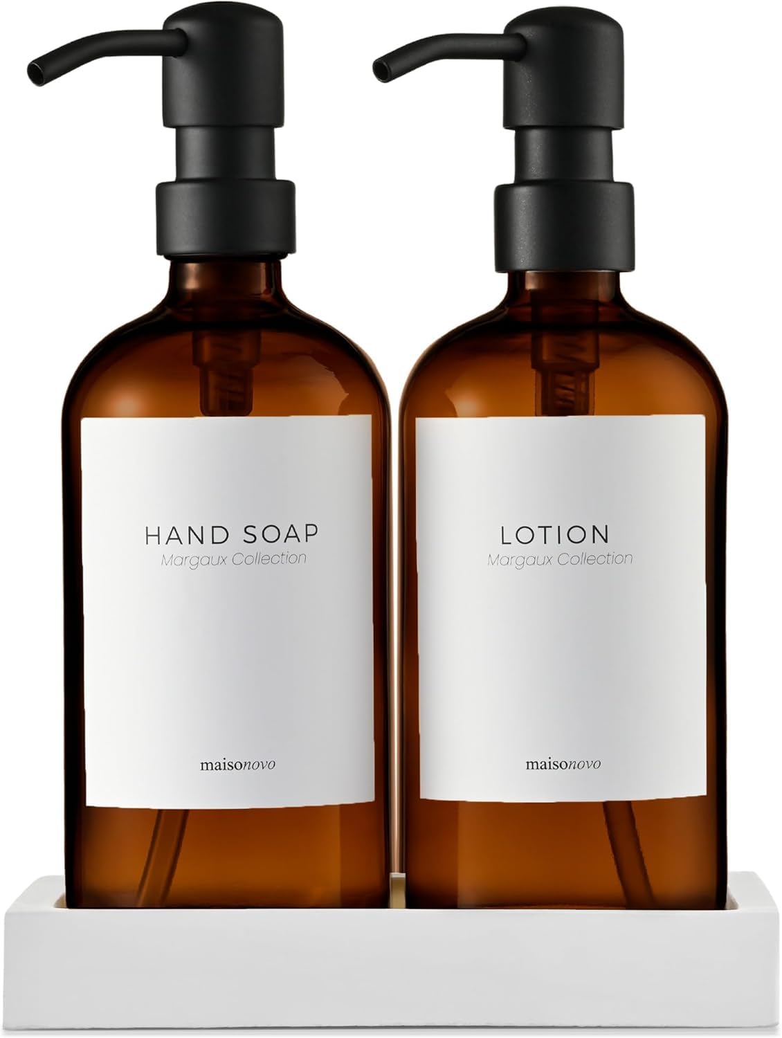 MaisoNovo Glass Soap Dispenser with Pump | Bathroom and Kitchen Vintage Dispenser Set with Dish Soap  Hand Soap  Lotion Waterproof Labels | Amber Bottles Black Pumps - Set of 2