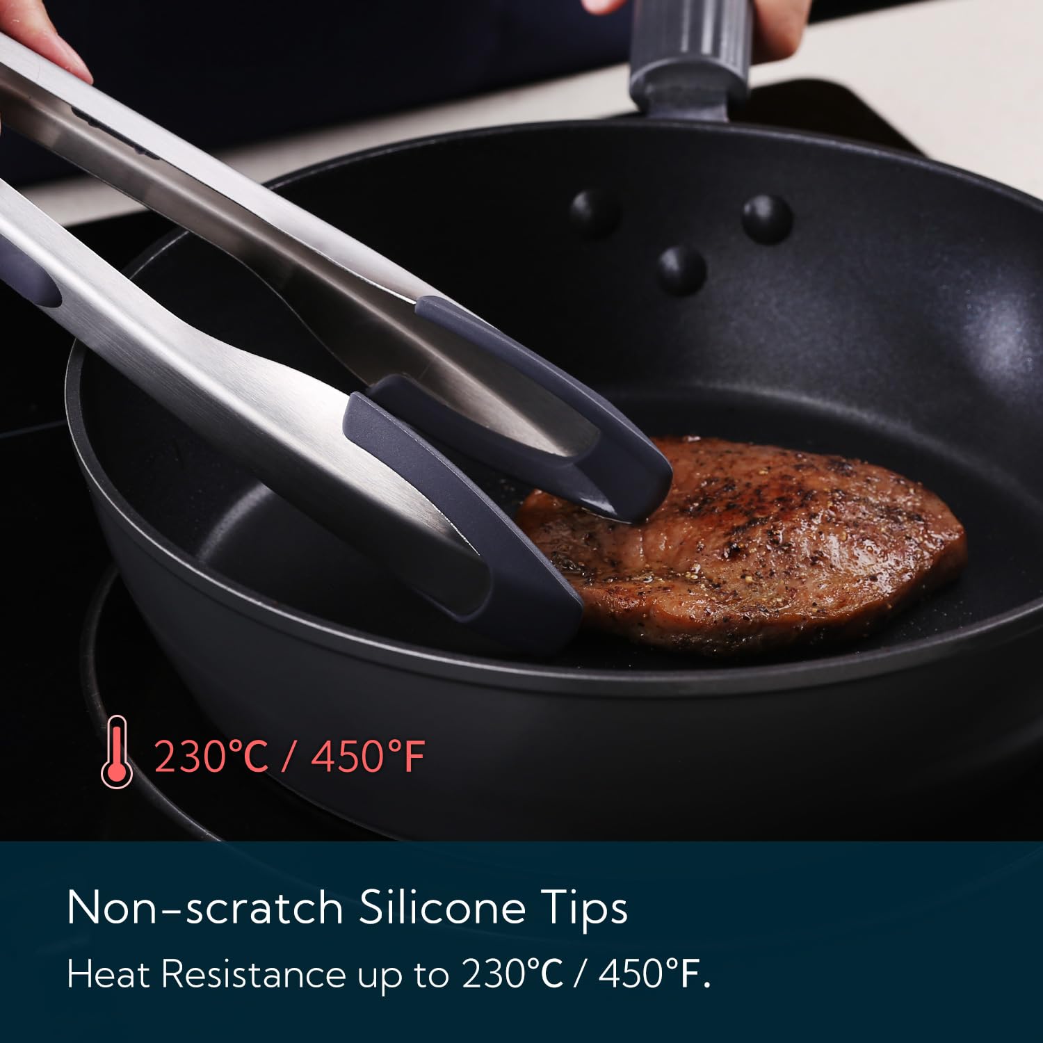 Kitchendao Tongs For Cooking With Silicone Tips 12 Inch, One-Handed For Convenience, Soft-Touch Handle, Silicone Tipped Stainles