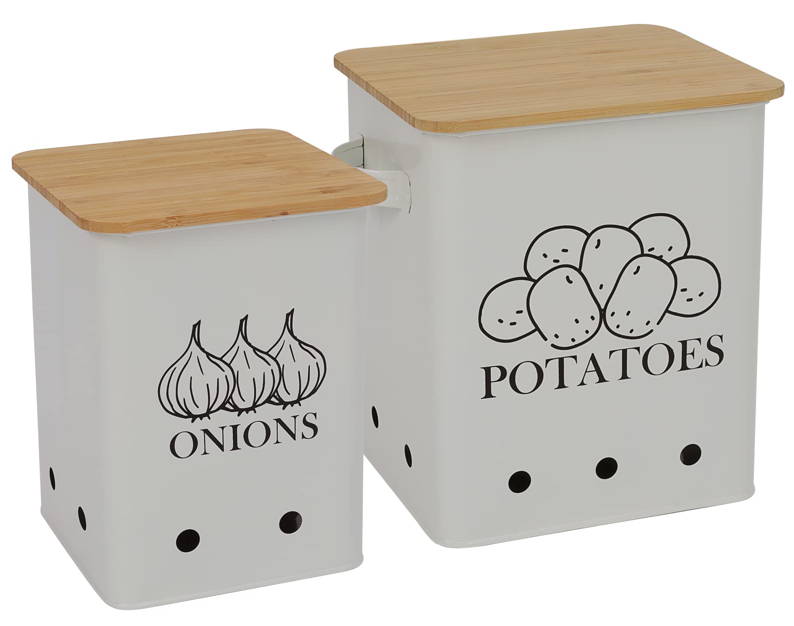 Kitchen Vegetable Storage Tins Set Of 2 For Potatoes, Onion, With Wooden Lid Garlic Bin Caddy, Long Shelf Life-White