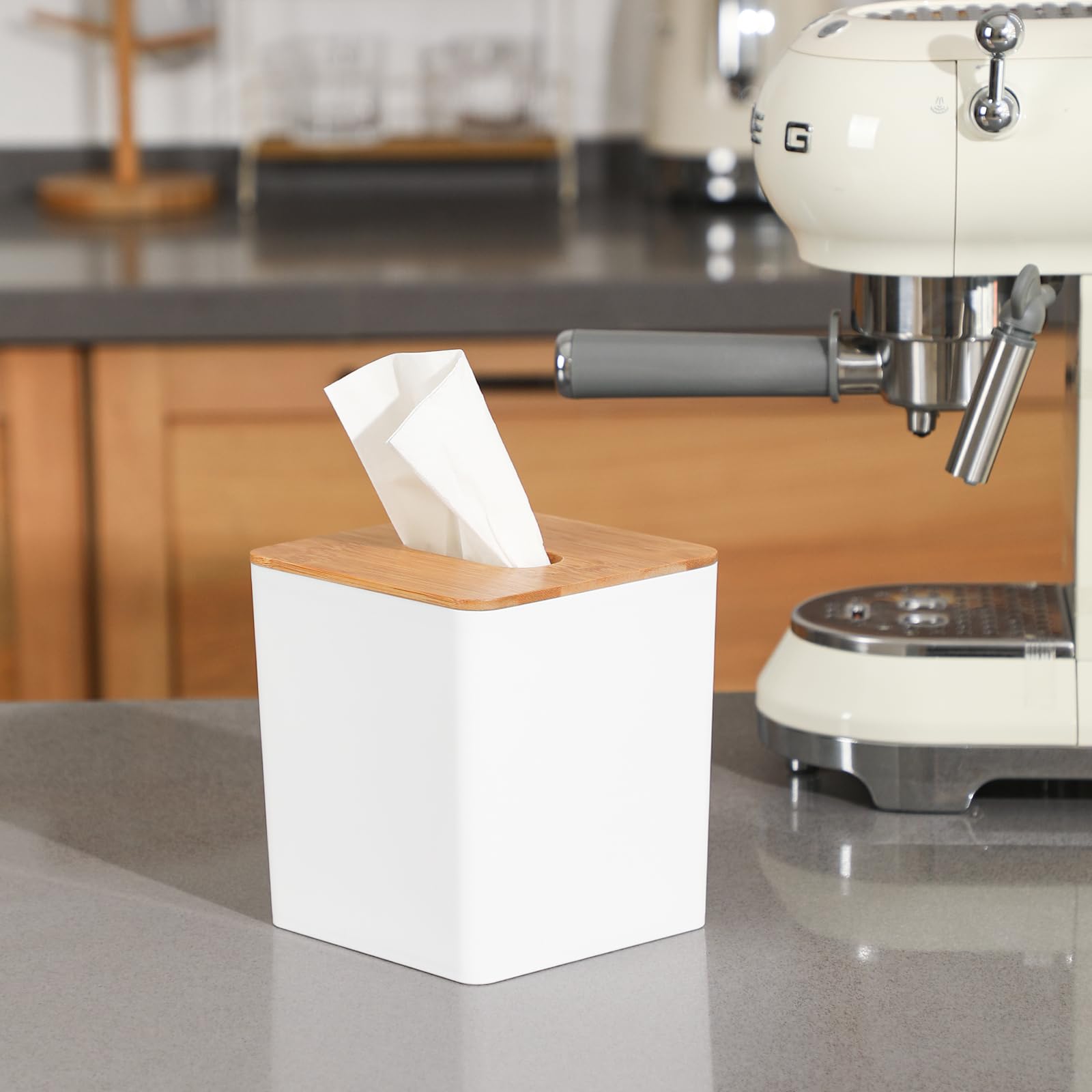 Tissue Box Cover Square,Tissue Box Holder With Bamboo Lid,Tissue Dryer Sheet Holder For Modern Farmhouse Boho Decor,1 Pack,(Whit