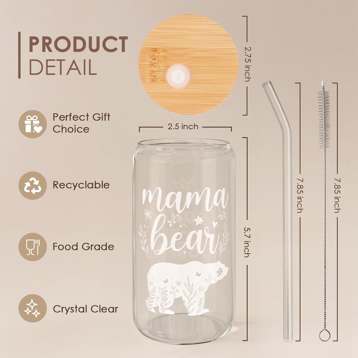 Mom Gifts - Mama Bear 16 Oz Can Glass Tumbler with Bamboo Lid and Straw - Iced Coffee Cups for Women, Aesthetic Glass Cup Gift f