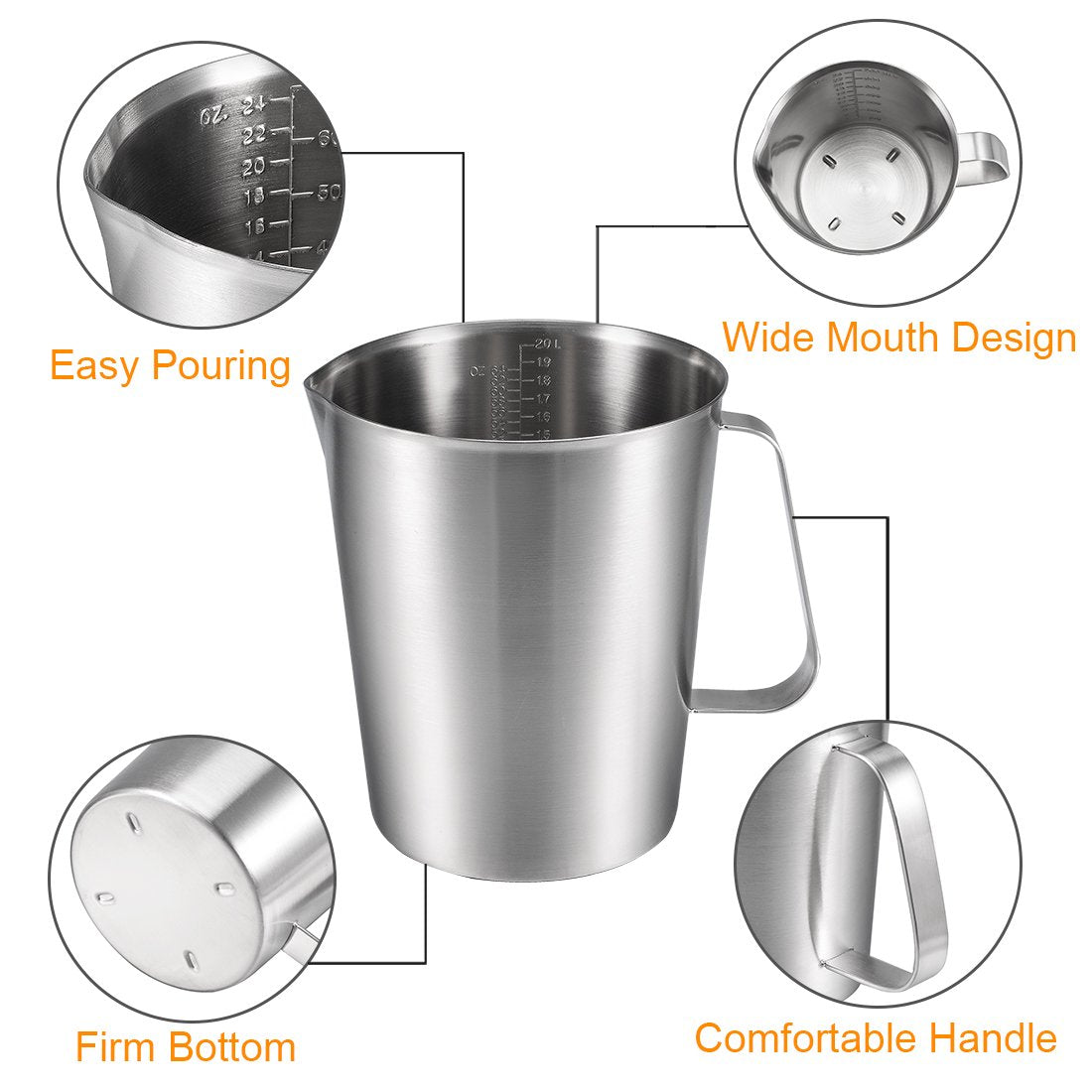 Uxcell Measuring Cup 2000Ml 64Oz, 2 Measuring Scales, Including Ml Scale, Ounce Scale, 304 Stainless Steel Graduated Beaker With