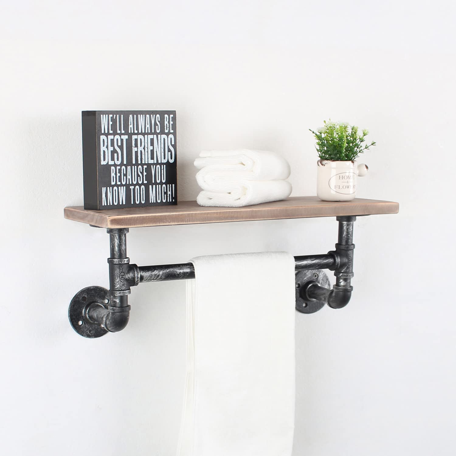 Industrial Pipe Shelf Bathroom Shelves Wall Mounted 19.6in Rustic Wood Shelf with Towel Bar 1 Tier Farmhouse Towel Rack Over Toilet Pipe Shelving Floating Shelves Towel Holder Retro Grey