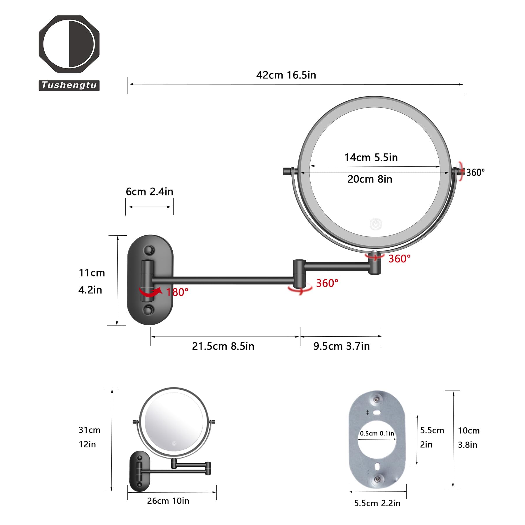 Tushengtu 8Wall Mounted Makeup Mirror With Led 10X Magnifying For Vanity, Bathroom, And Shaving - Usb Rechargeable,Adjustable Br