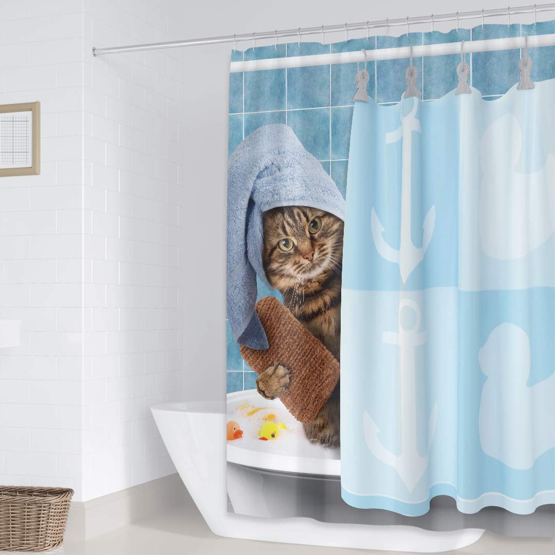 Riyidecor Funny Bathing Cat Shower Curtain 72Wx72H Kids Cute Cartoon Animal Kitten Yellow Rubber Duck Head 12 Pack Plastic Fabri