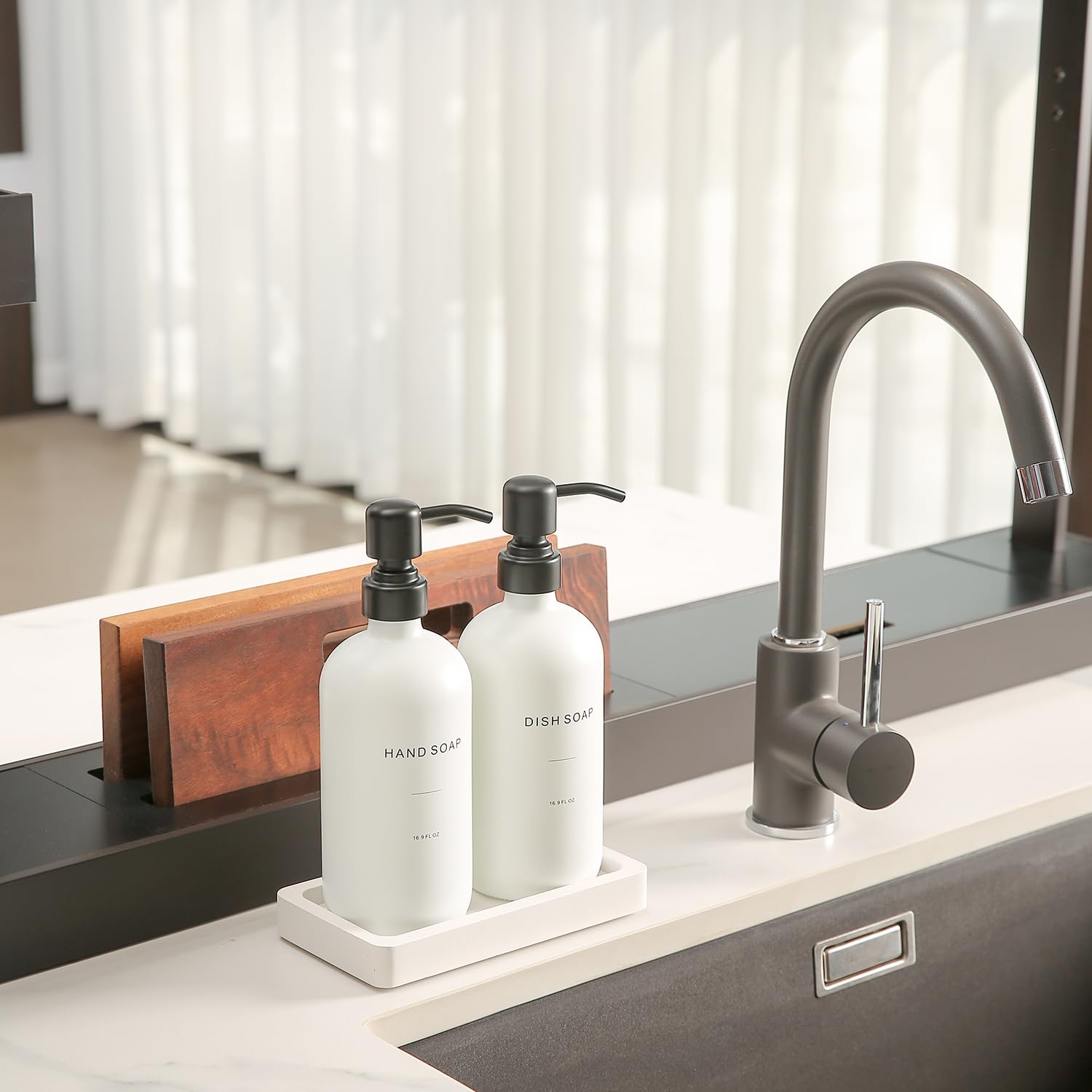 Prus Waso Kitchen Soap Dispenser Set, Contains Dish Soap Dispenser And Hand Soap Dispenser. White Soap Dispenser With Black Stai