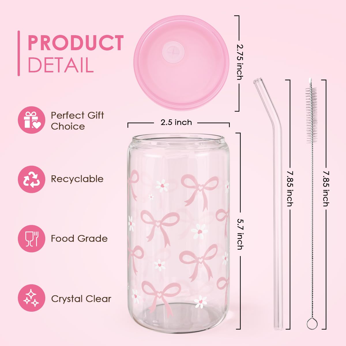 Bow Glass Can, Bows Cup with Lid & Straw, Iced Coffee Aesthetic Cups, Idea Gift for Christmas Birthday Mother Day, Gifts for Wom