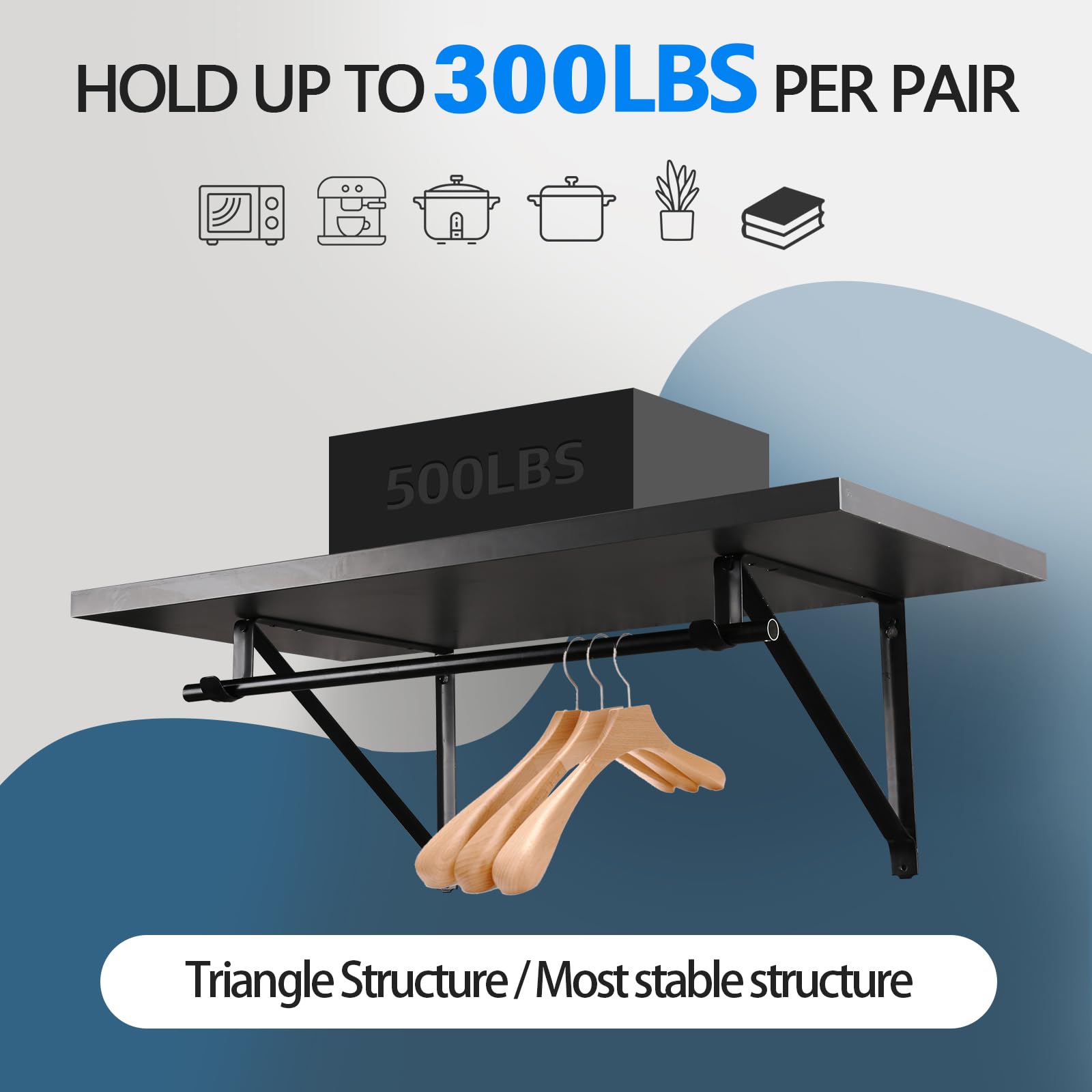 Home Master Hardware Heavy Duty Closet Shelf & Rod Brackets, Wall Mounted Closet Shelves Bracket With Rod Shelving Support, Blac